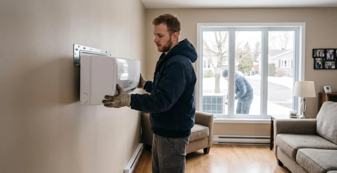 Un technicien installe une unité murale de thermopompe sur le mur intérieur d'une maison de la banlieue montréalaise.