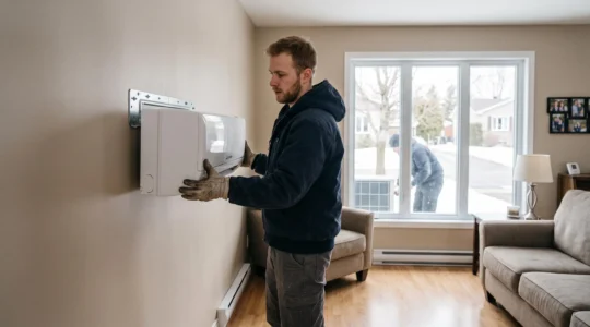 Un technicien installe une unité murale de thermopompe sur le mur intérieur d'une maison de la banlieue montréalaise.