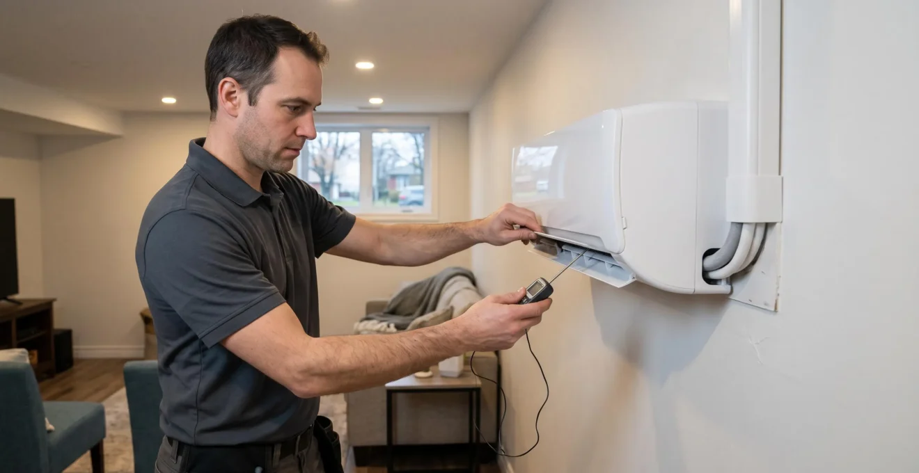 Un technicien vérifie la mise en service d'une thermopompe murale récemment installée dans une salle de séjour.