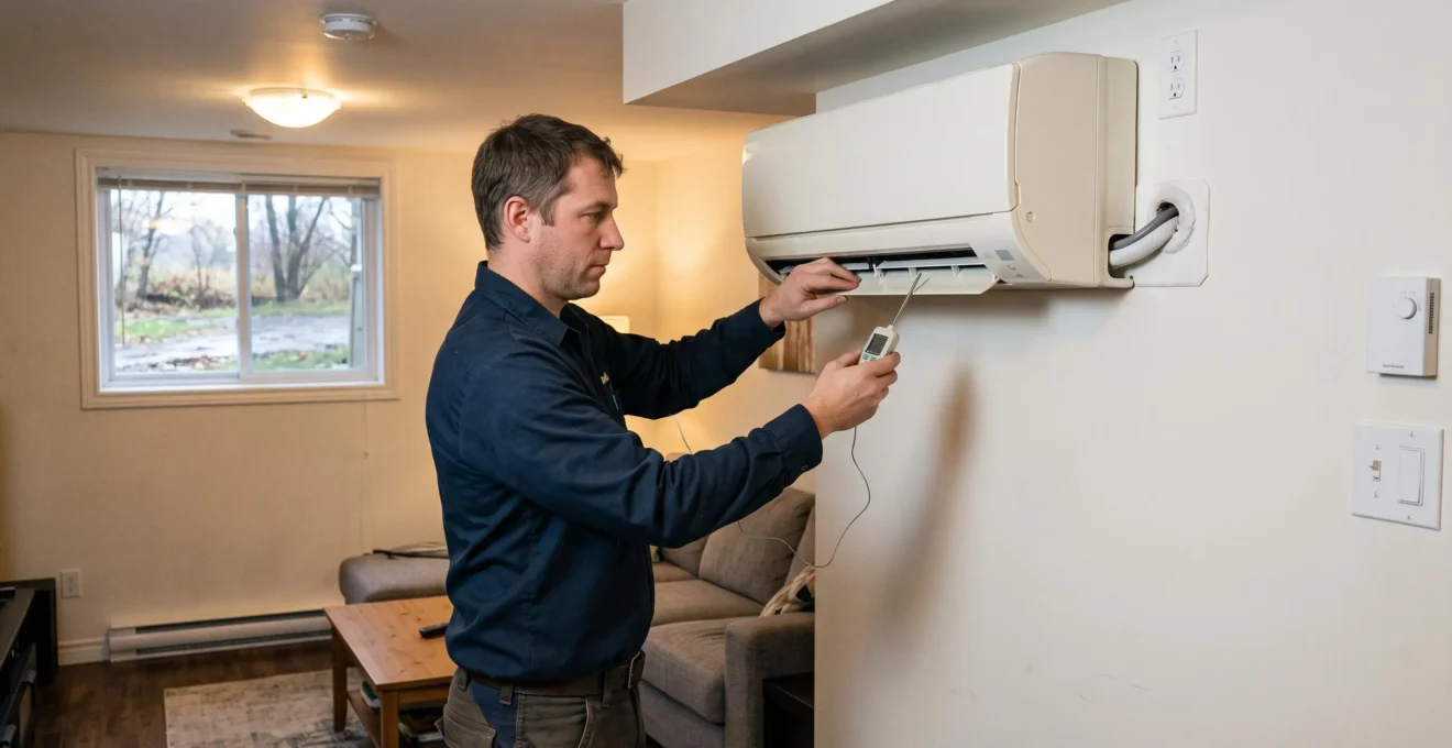 Un technicien vérifie la mise en service d'une thermopompe murale récemment installée dans une salle de séjour.
