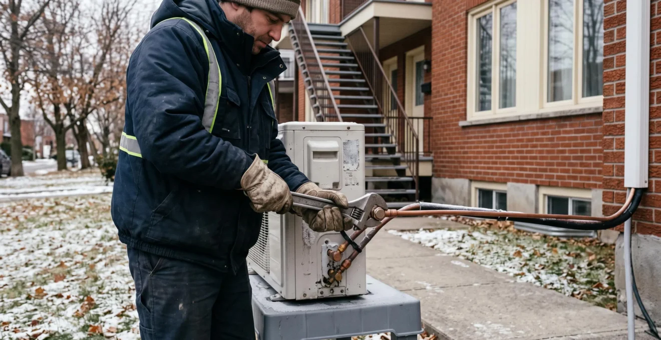 Un technicien raccorde le circuit de réfrigérant d'une thermopompe extérieure devant un duplex de Laval en automne.