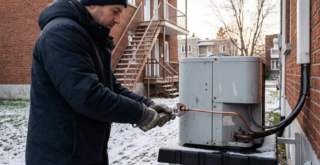 Un technicien raccorde le circuit de réfrigérant d'une thermopompe extérieure devant un duplex de Laval en automne.
